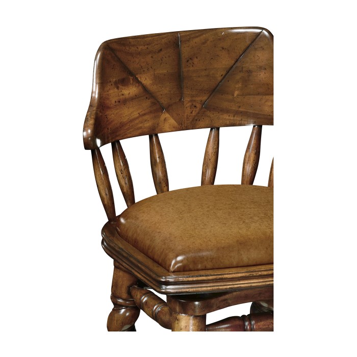 Country style walnut leather barstool with barley twist legs