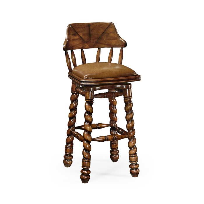 Country style walnut leather barstool with barley twist legs