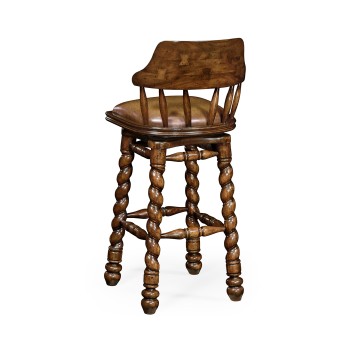 Country style walnut leather barstool with barley twist legs