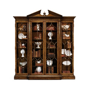 Triple Breakfront Walnut Display Cabinet with Pediment