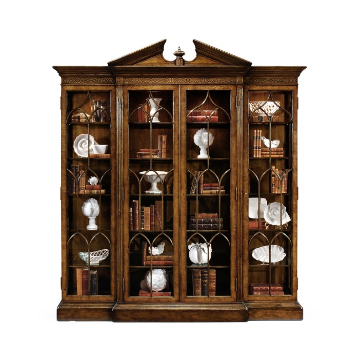Triple Breakfront Walnut Display Cabinet with Pediment