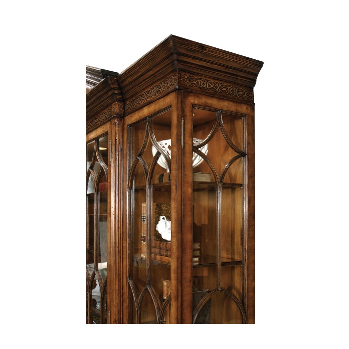 Triple Breakfront Walnut Display Cabinet with Pediment