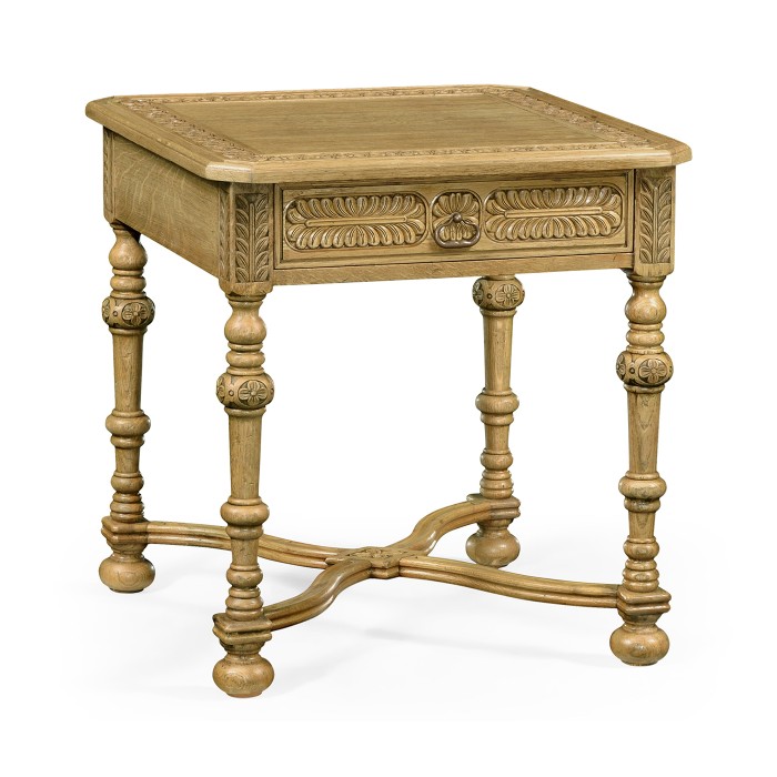 Chip Carved Natural Oak Square Side Table
