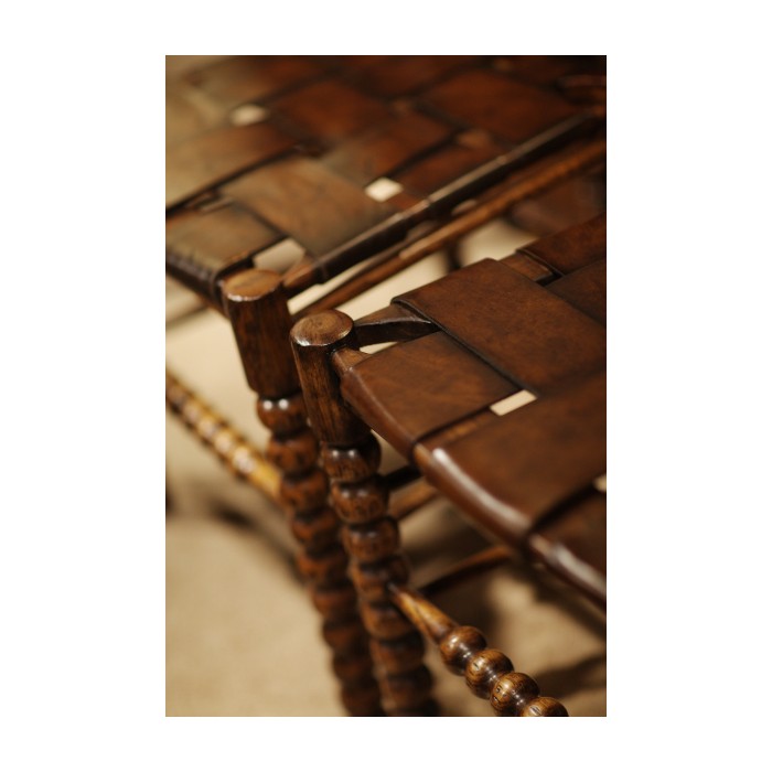 Bobbin Dark Oak Side Chair with a Medium Antique Chestnut Leather Seat