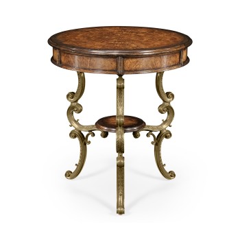Crotch walnut round table on brass base