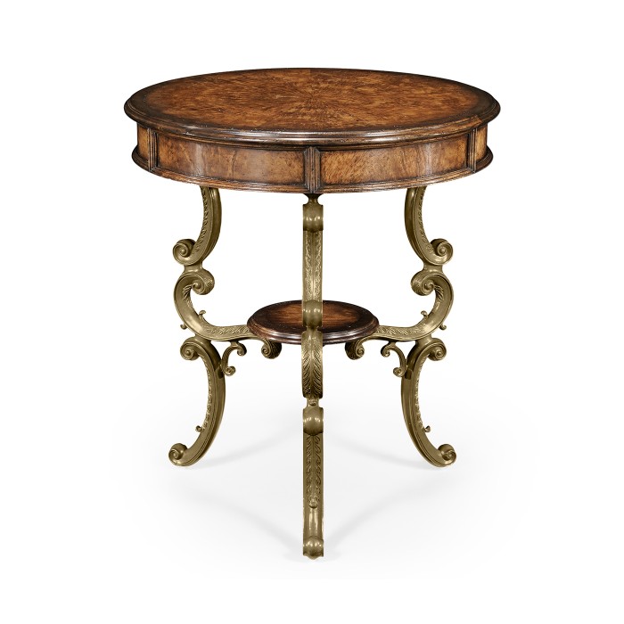 Crotch walnut round table on brass base