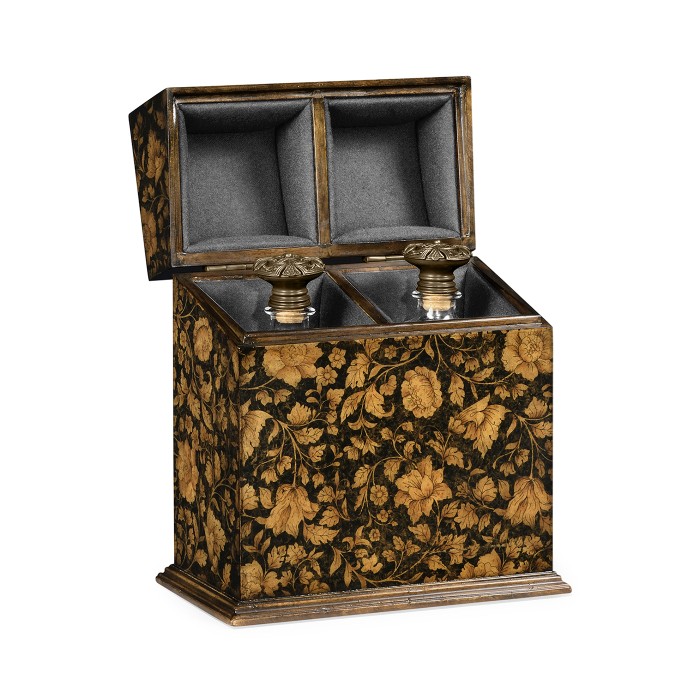 Pair of Glass Decanters & Black Chinoiserie Case