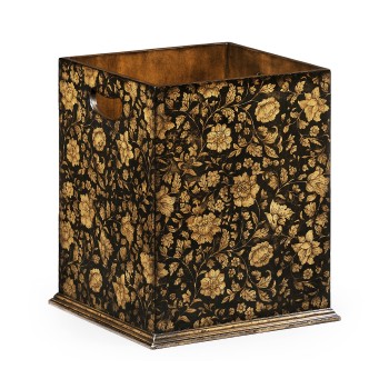 Square Black Chinoiserie Waste Basket