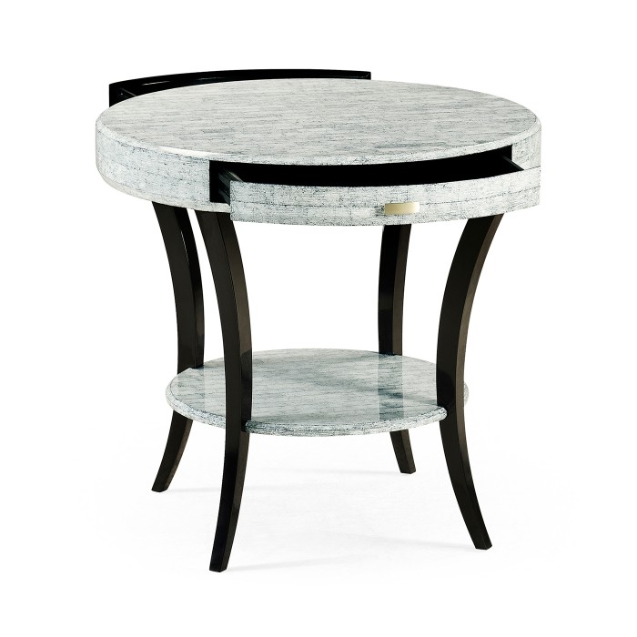 White Smoke Eggshell Round Side Table with Drawer