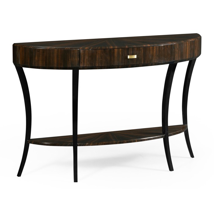Large Demilune Art Deco Macassar Ebony High Lustre Console Table with Drawer