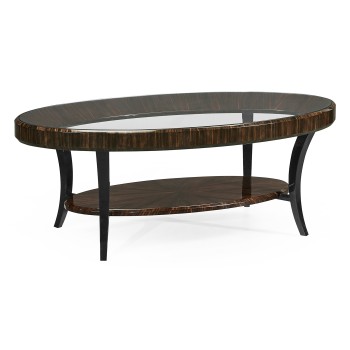Oval Art Deco Macassar Ebony High Lustre Glass Topped Coffee Table