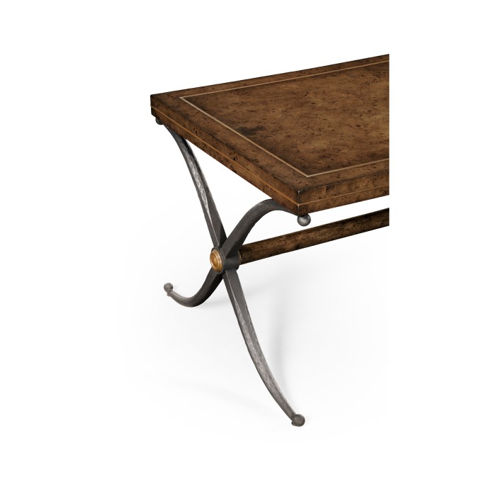 Rustic Burl Oak Hammered Iron Rectangle Coffee Table
