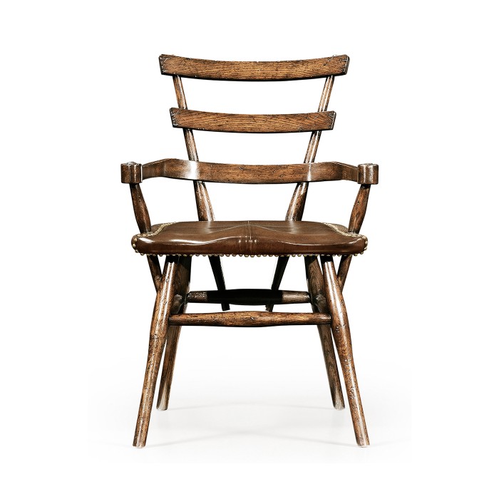 Country Style Dark Oak Arm Chair with A Dark Antique Chestnut Leather Seat