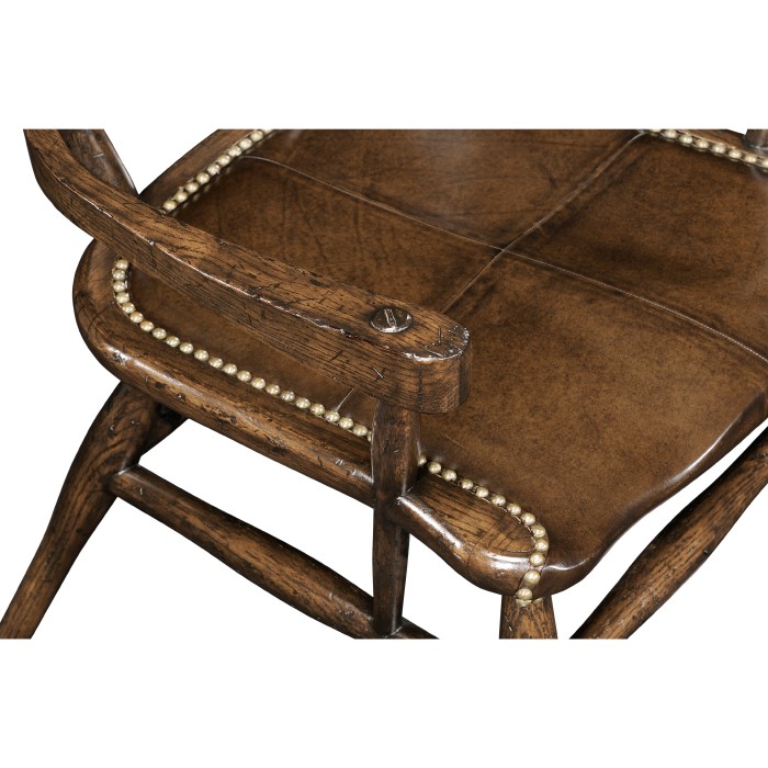 Country Style Dark Oak Arm Chair with A Dark Antique Chestnut Leather Seat
