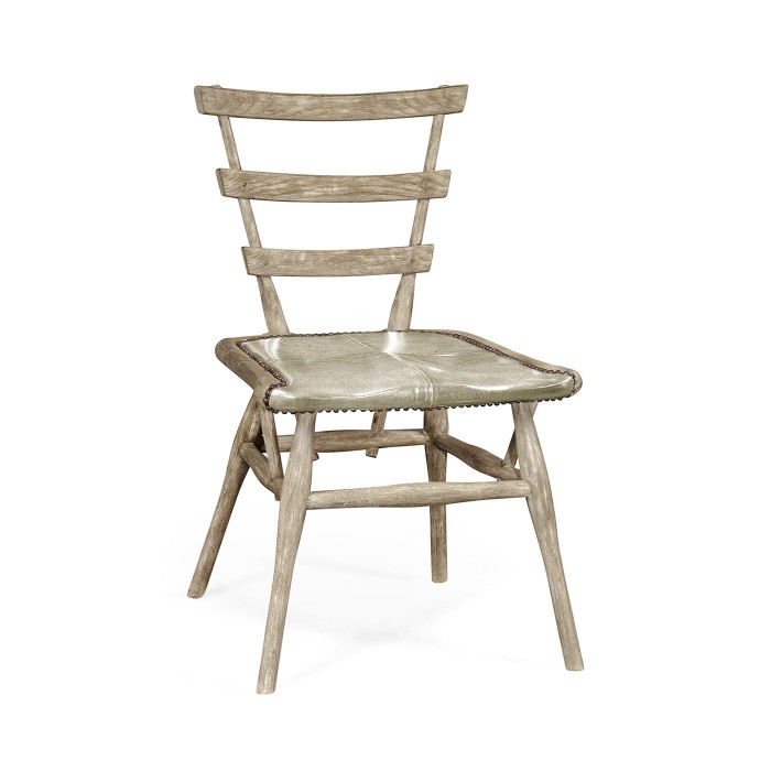 Country Style Grey Oak Side Chair with A Dark Grey Leather Seat