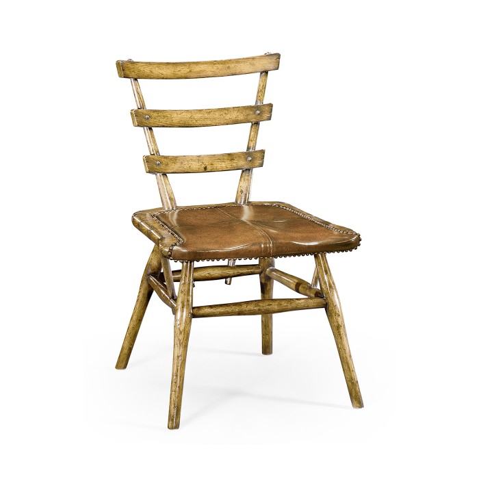 Country Style Natural Oak Side Chair with An Antique Chestnut Leather Seat