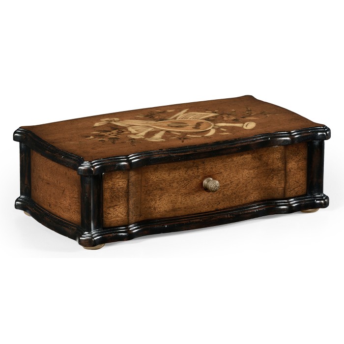 Mahogany Lidded Box with Musical Instrument Design Inlay