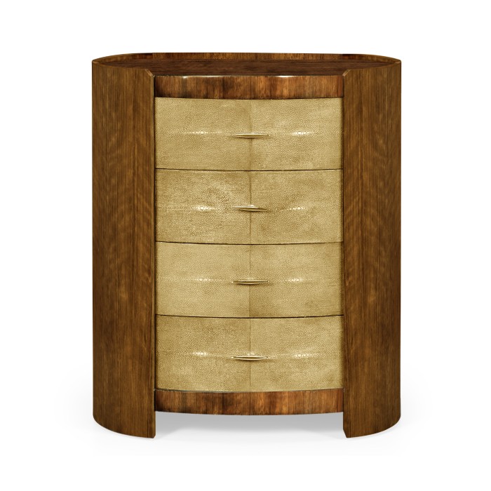Ivory Shagreen Oval Bedside Chest of Drawers with Brass