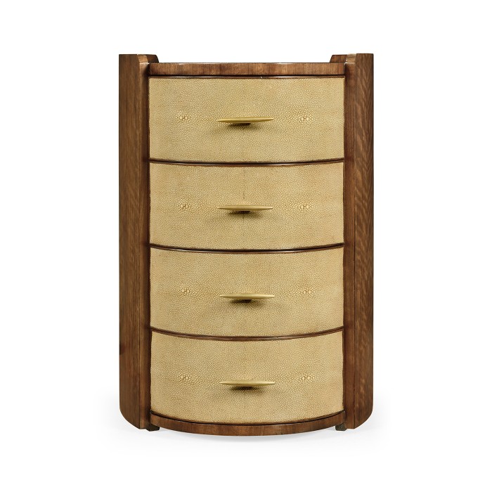 Ivory Shagreen Oval Bedside Chest of Drawers with Brass