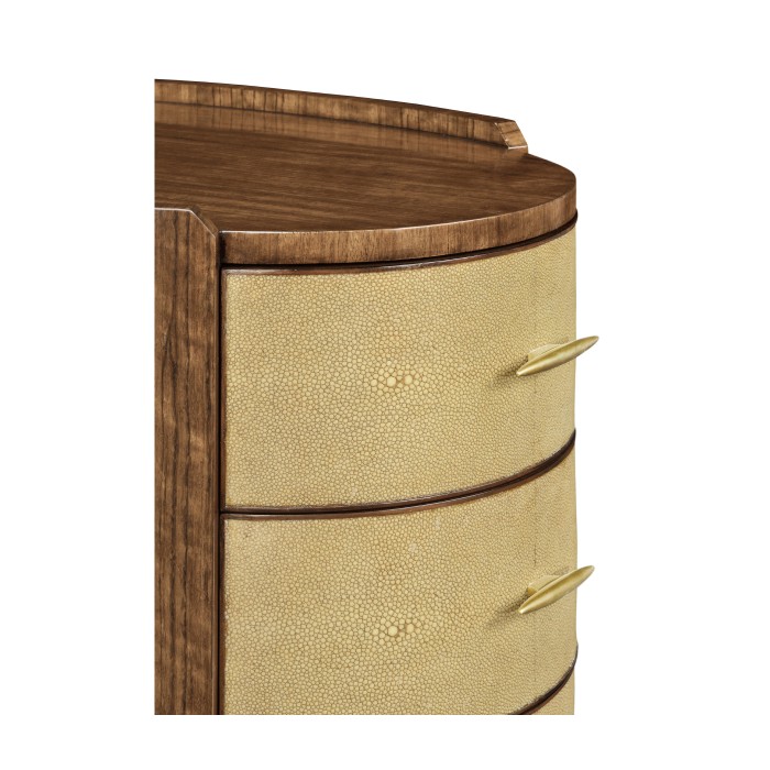 Ivory Shagreen Oval Bedside Chest of Drawers with Brass