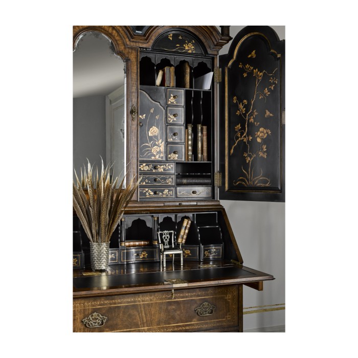 Queen Anne Walnut Bureau with Chinoiserie Interior & Mirrored Doors