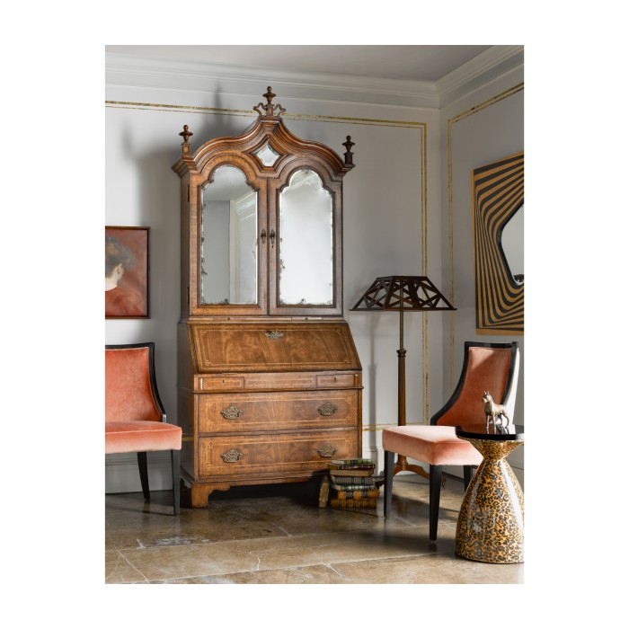 Queen Anne Walnut Bureau with Chinoiserie Interior & Mirrored Doors