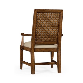 Rustic Walnut Upholstered Arm Chair with Lattice Back
