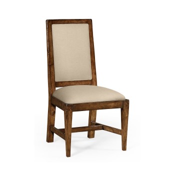 Rustic walnut upholstered side chair with lattice back