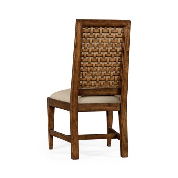 Rustic walnut upholstered side chair with lattice back