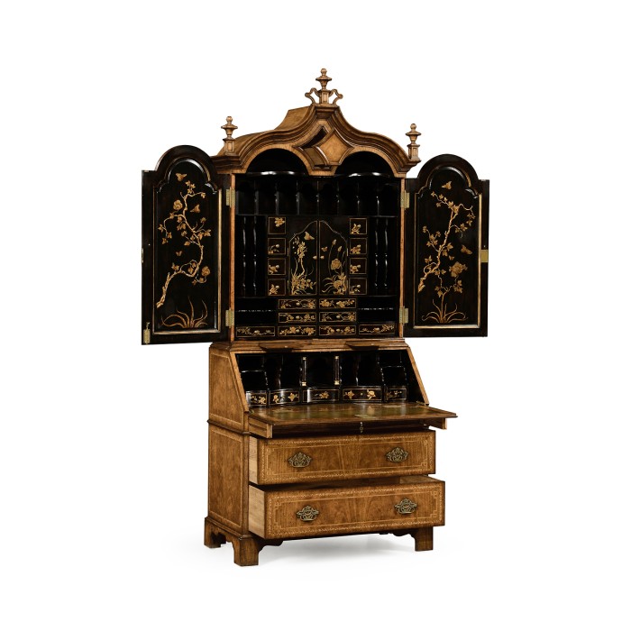 Queen Anne Walnut Bureau with Chinoiserie Interior & Panelled Doors