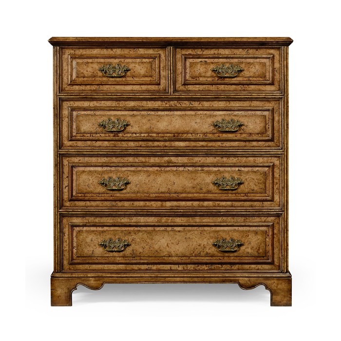George II style burl oak chest of five drawers
