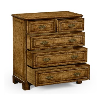 George II style burl oak chest of five drawers