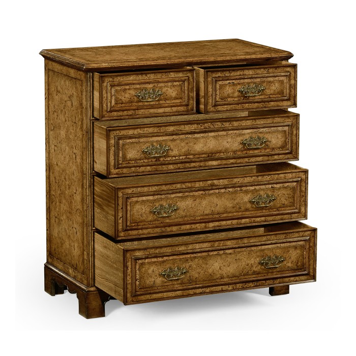 George II style burl oak chest of five drawers