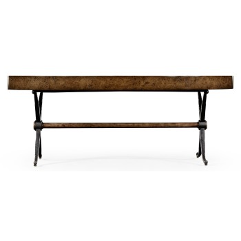 Hammered iron and burl oval coffee table