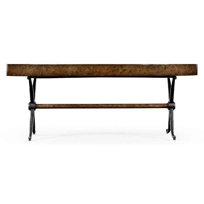 Hammered iron and burl oval coffee table
