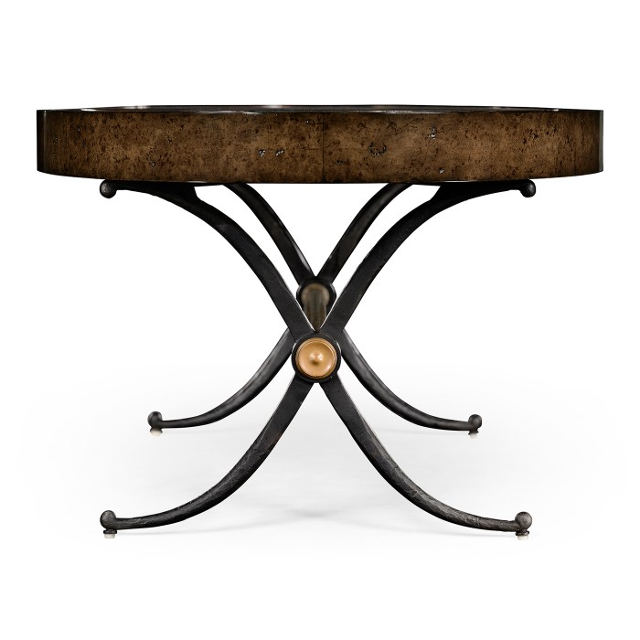 Hammered iron and burl oval coffee table