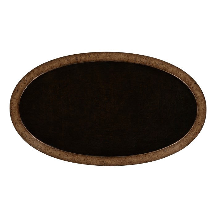 Hammered iron and burl oval coffee table