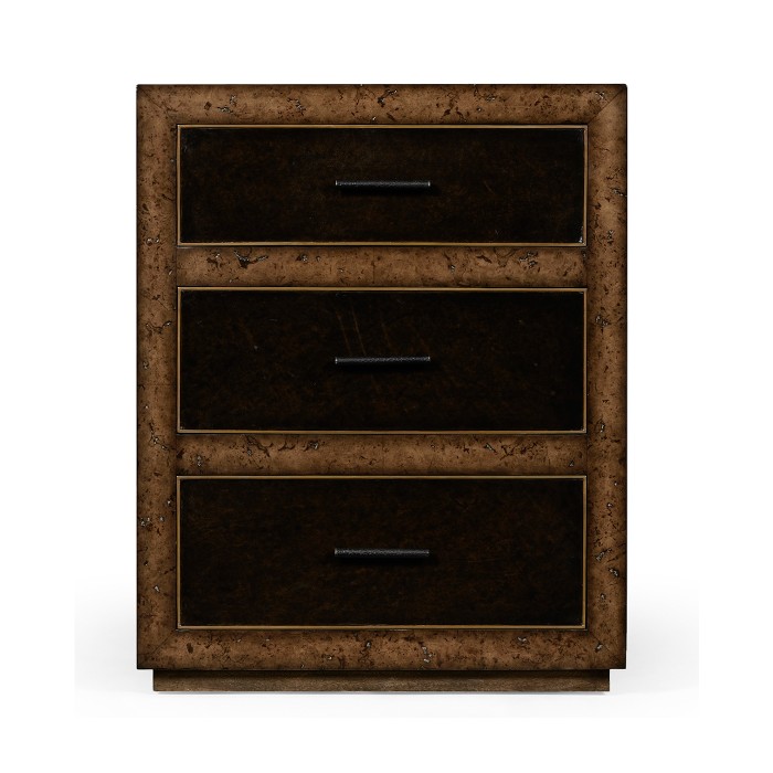 Rustic Burl Oak and Leather Chest of Three Drawers