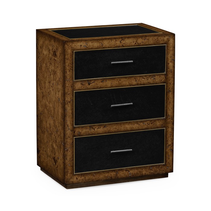 Rustic Burl Oak and Leather Chest of Three Drawers