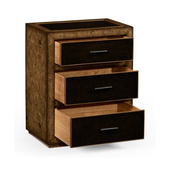Rustic Burl Oak and Leather Chest of Three Drawers