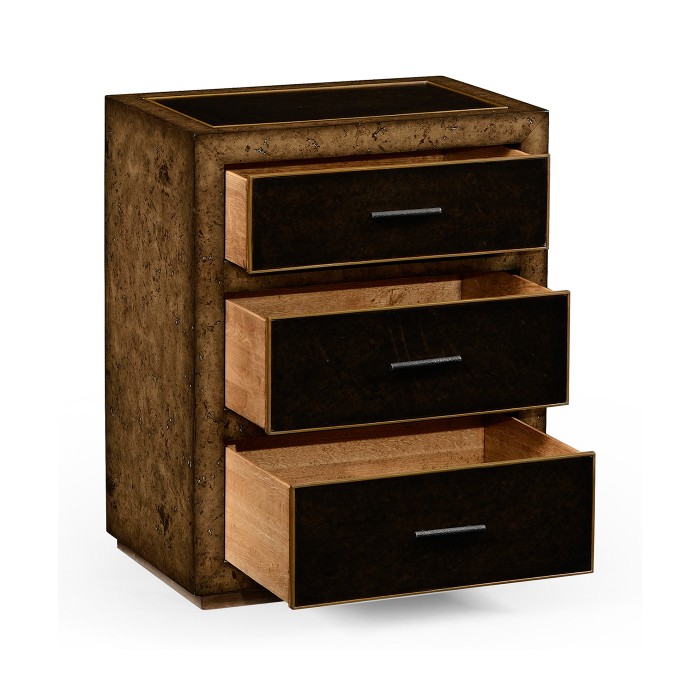 Rustic Burl Oak and Leather Chest of Three Drawers