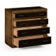 Rustic burl oak and leather chest of four drawers