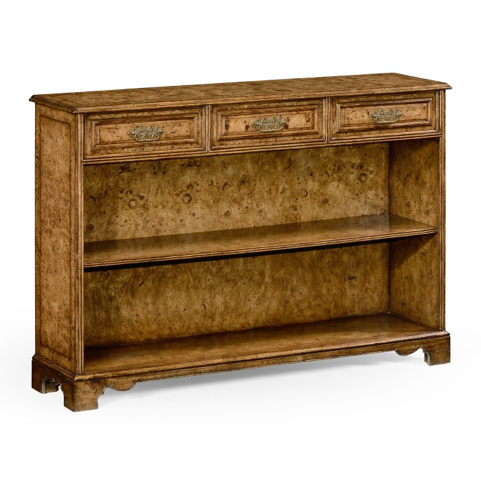 George II style burl oak bookcase with drawers