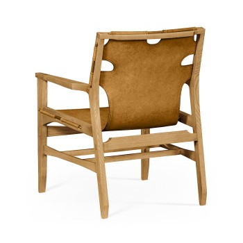 Midcentury Style Slung Medium Antique Chestnut Leather & Light Oak Easy Chair