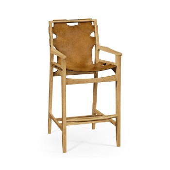 Midcentury Style Slung Leather & Light Oak Bar Stool
