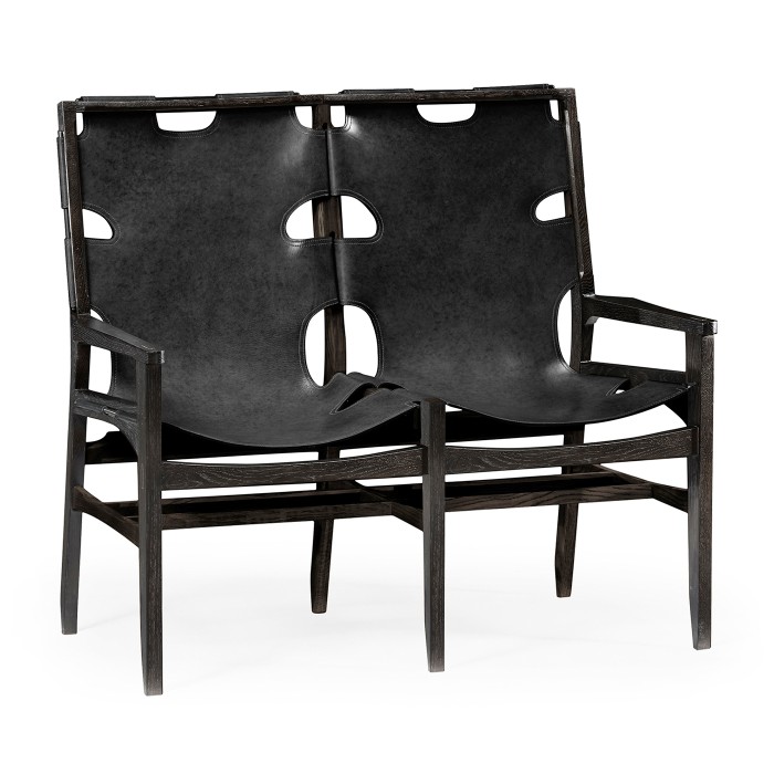 Midcentury Style Slung Black Leather & Black Mocha Oak Two Seat Bench