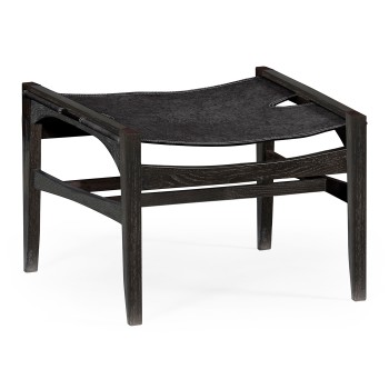 Midcentury Style Slung Black Leather & Black Mocha Oak Stool or Footstool