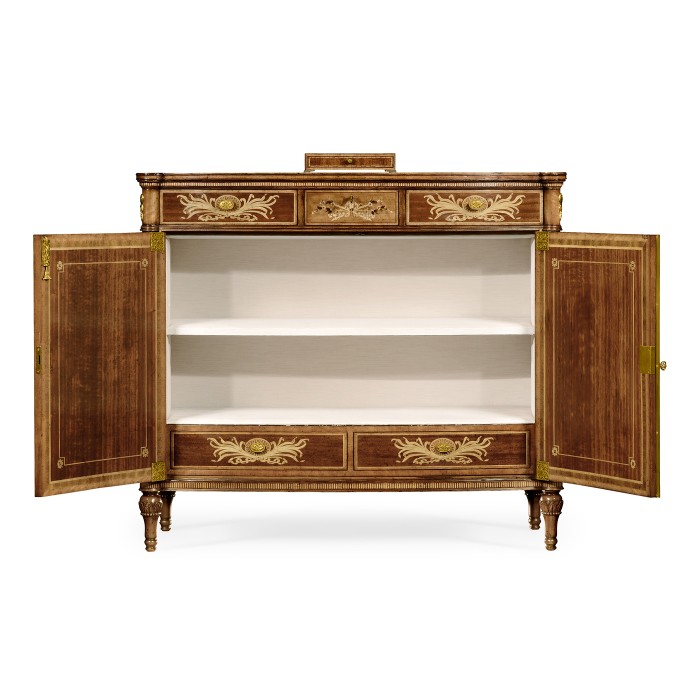 Fine mahogany side cabinet with pictorial marquetry of Paris and Helen
