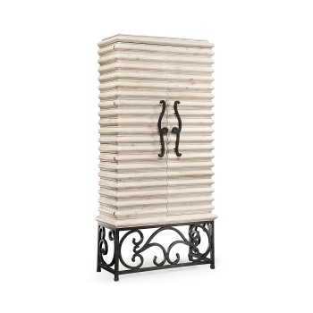 Limed Wood Wine Cabinet with Wrought Iron Base