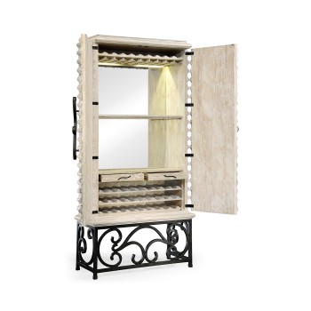 Limed Wood Wine Cabinet with Wrought Iron Base